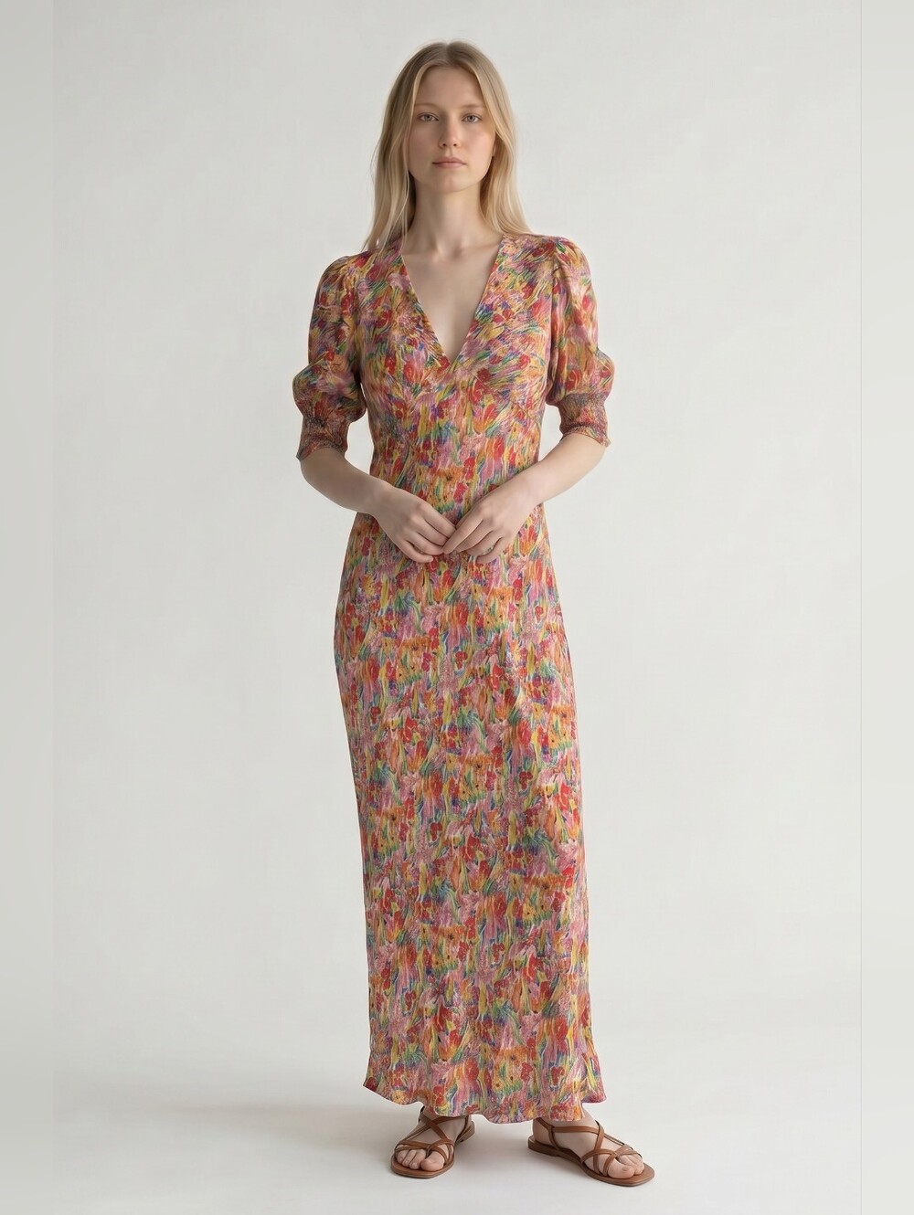 RIXO x Target Floral Puff Sleeve V-Neck Midi Dress Size 6 Multicolor Vibrant